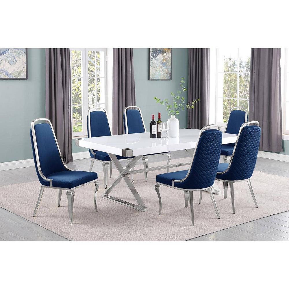 7pc Small(78") white wood top dining set with silver base and 6 Navy side chiars. Picture 1