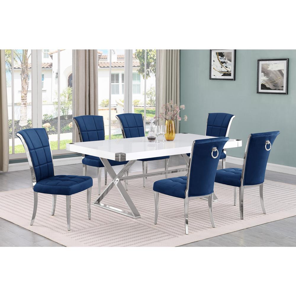 7pc Small(78") white wood top dining set with silver base and 6 Navy side chiars. Picture 4