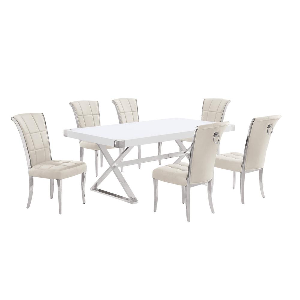 7pc Small(78") white wood top dining set with silver base and 6 chairs. Picture 1