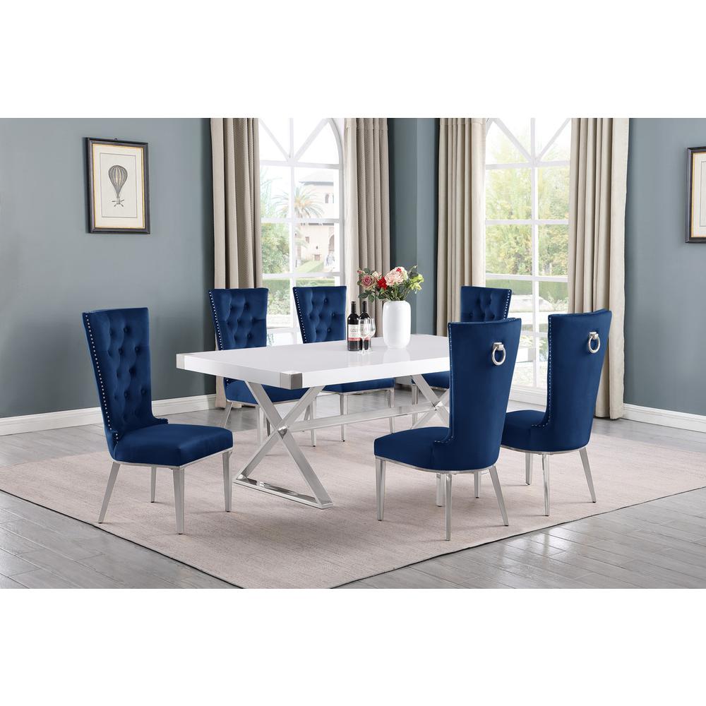 7pc Small(78") white wood top dining set with silver base and 6 Navy side chiars. Picture 4