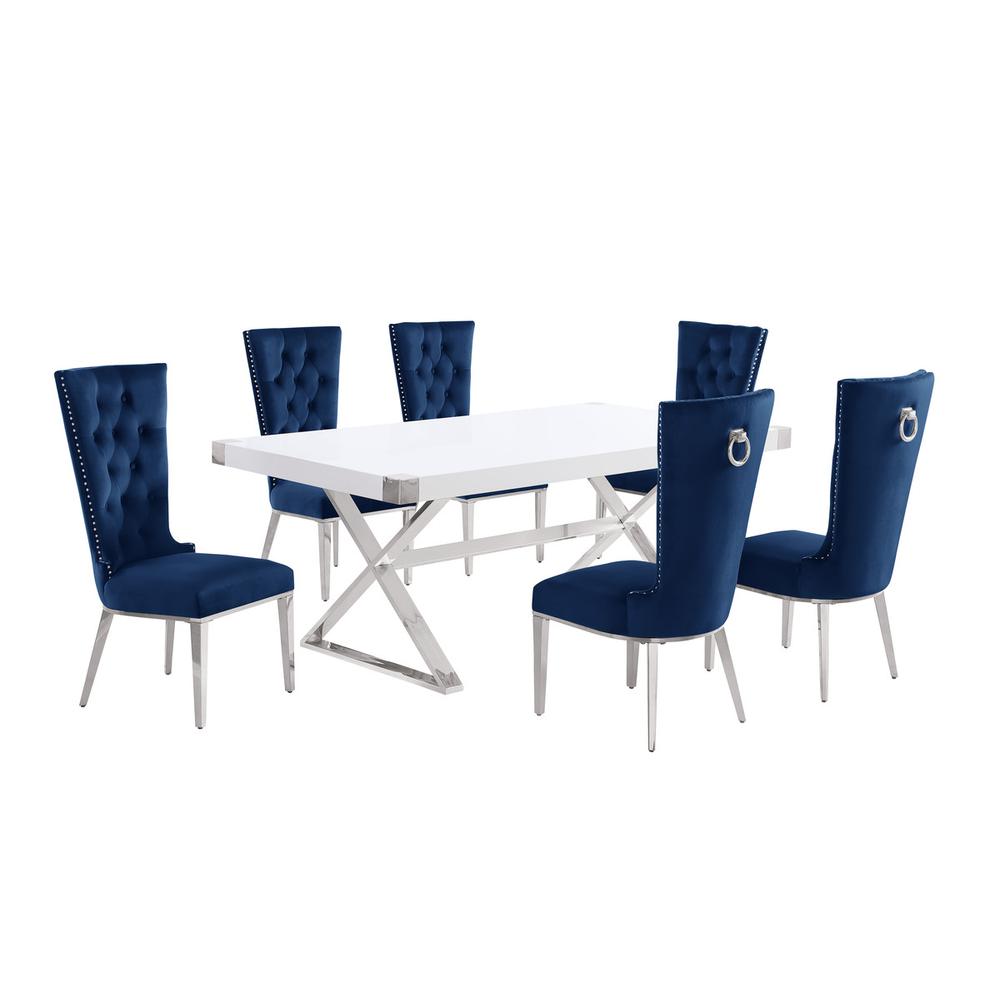 7pc Small(78") white wood top dining set with silver base and 6 Navy side chiars. Picture 1