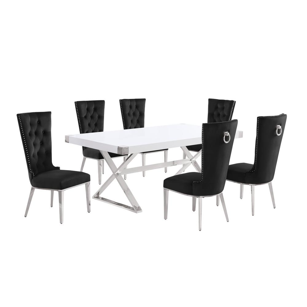 7pc Small(78") white wood top dining set with silver base and 6 chairs. Picture 1