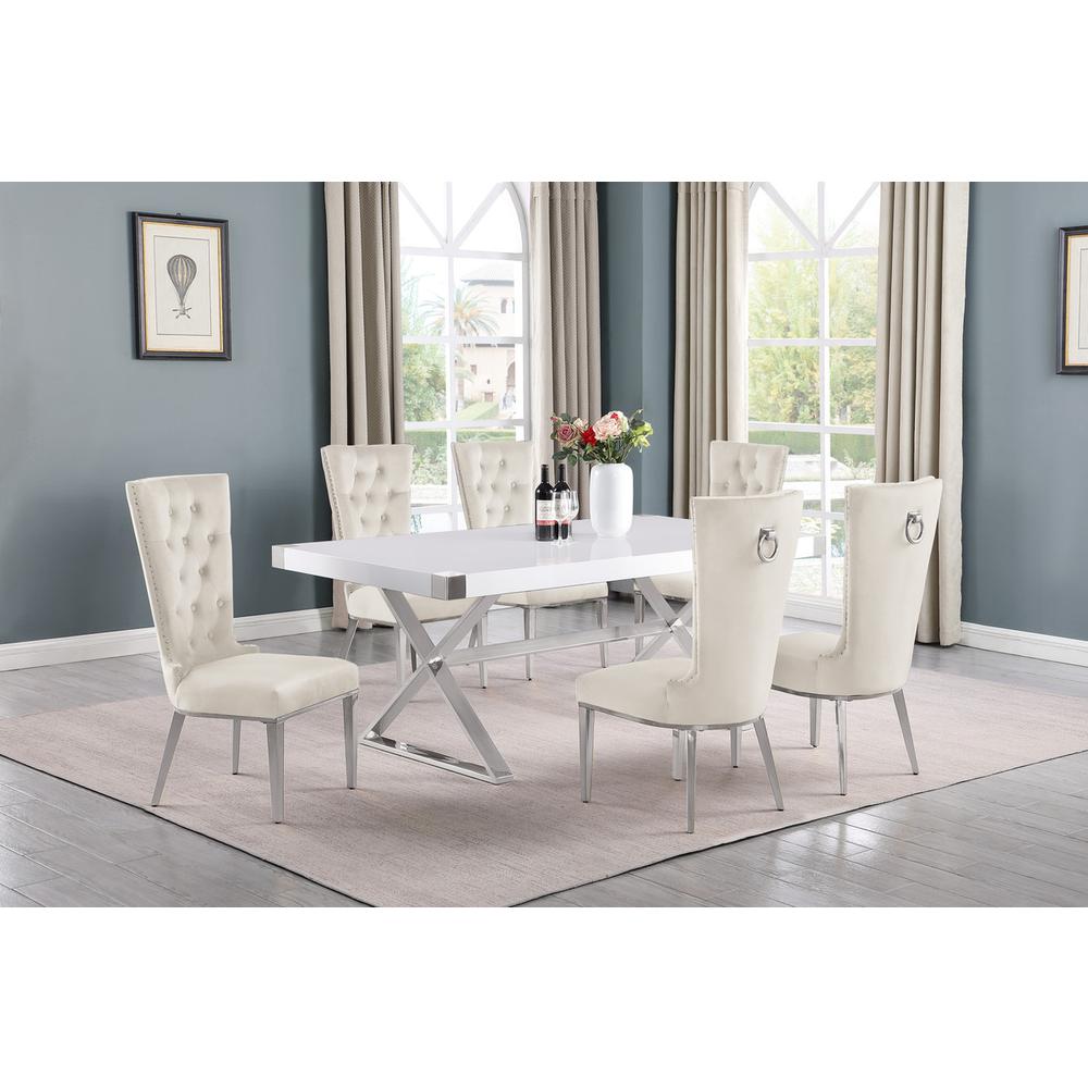 7pc Small(78") white wood top dining set with silver base and 6 chairs. Picture 4