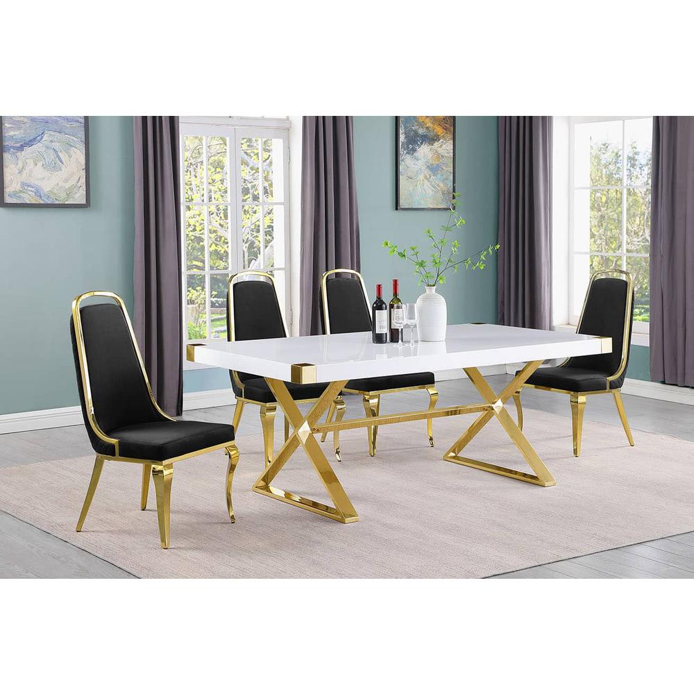 5pc Small(78") white wood top dining set with gold base and 4 Black side chairs. Picture 1
