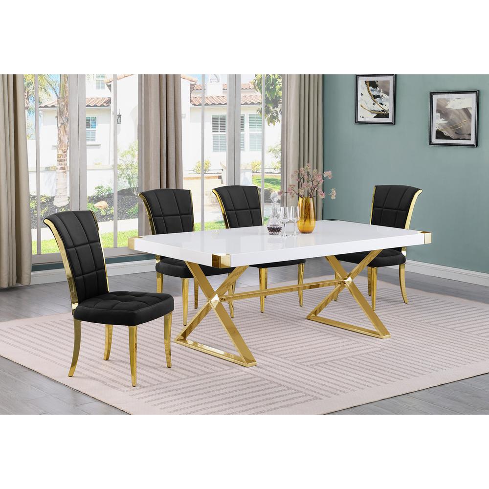 5pc Small(78") white wood top dining set with gold base and 4 Black side chairs. Picture 4