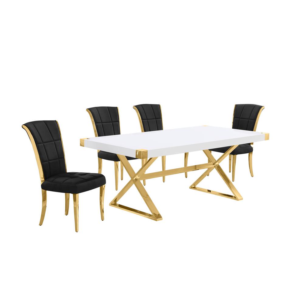 5pc Small(78") white wood top dining set with gold base and 4 Black side chairs. Picture 1