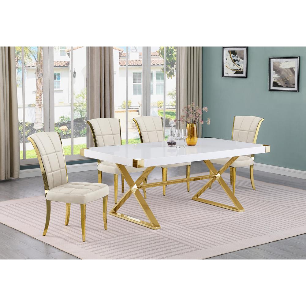 5pc Small(78") white wood top dining set with gold base and 4 Cream side chairs. Picture 4