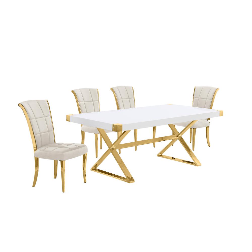 5pc Small(78") white wood top dining set with gold base and 4 Cream side chairs. Picture 1