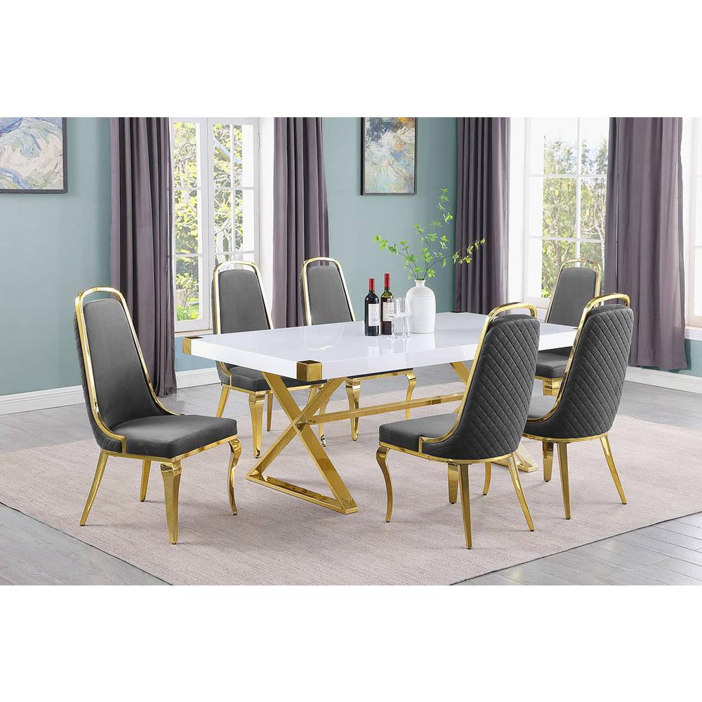7pc Small(78") white wood top dining set with gold base and 6 side chairs. Picture 1