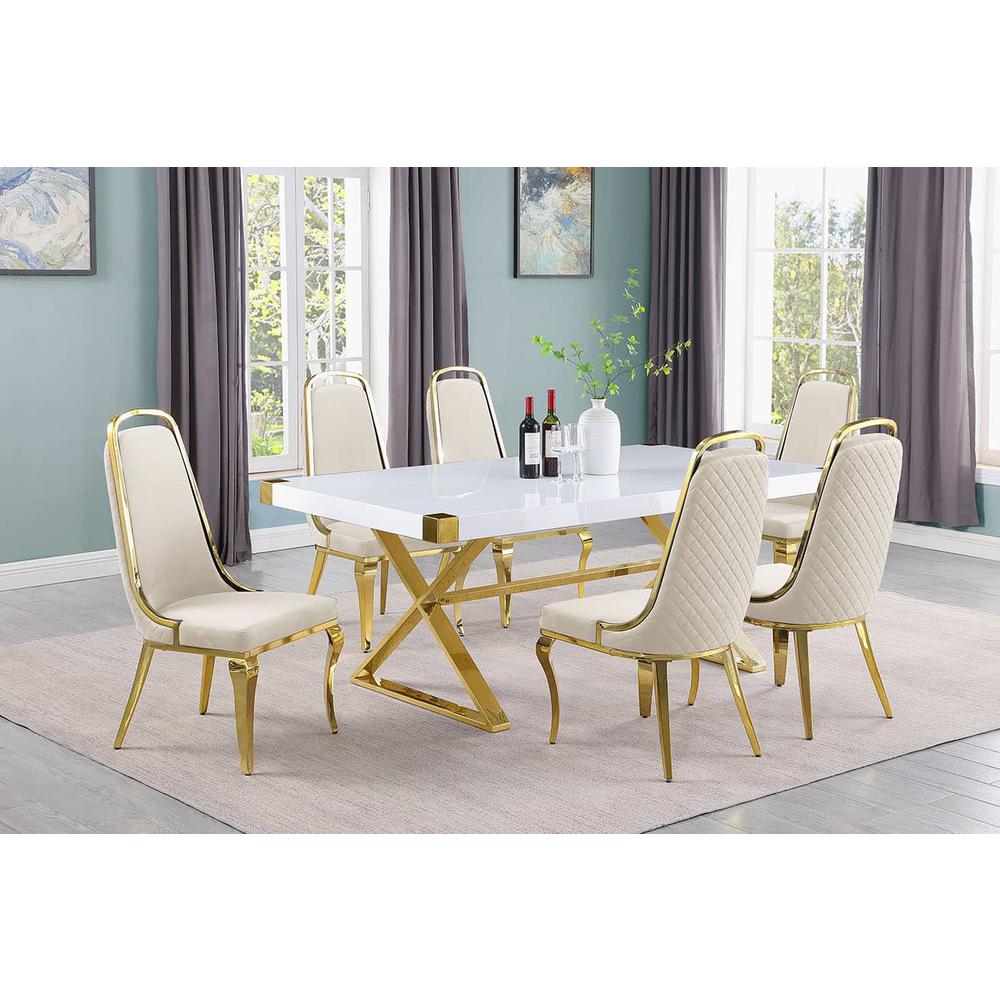 7pc Small(78") white wood top dining set with gold base and 6 Cream side chairs. Picture 1