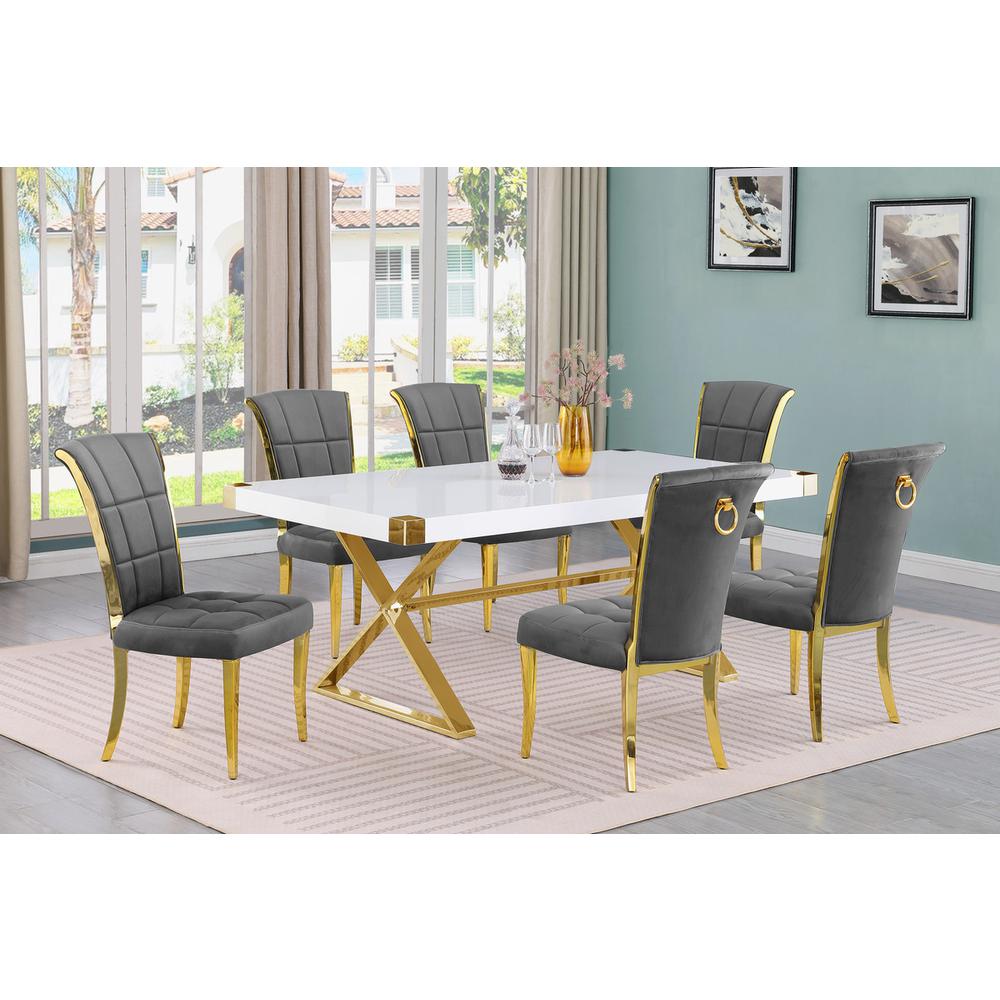 7pc Small(78") white wood top dining set with gold base and 6 chairs. Picture 4