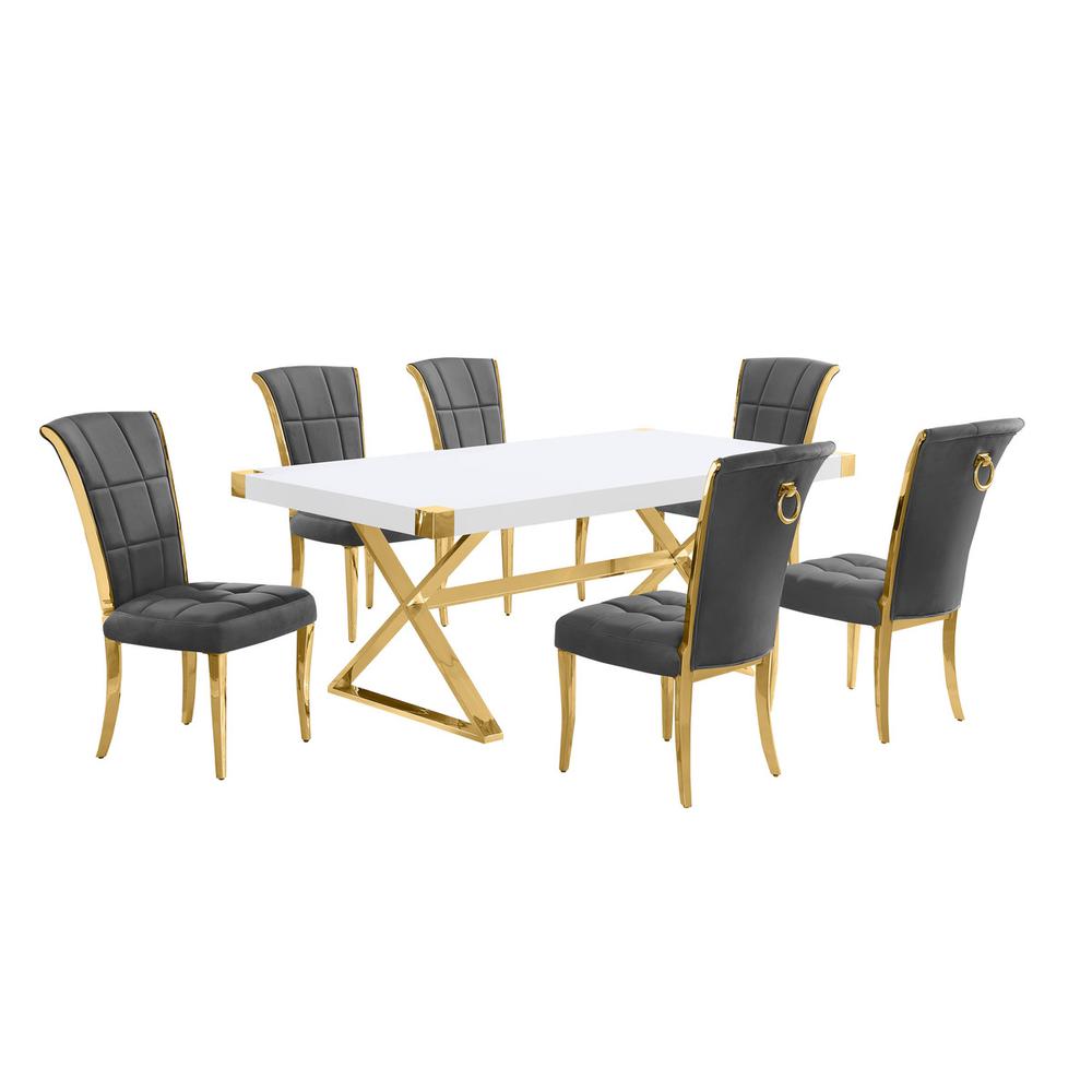 7pc Small(78") white wood top dining set with gold base and 6 chairs. Picture 1