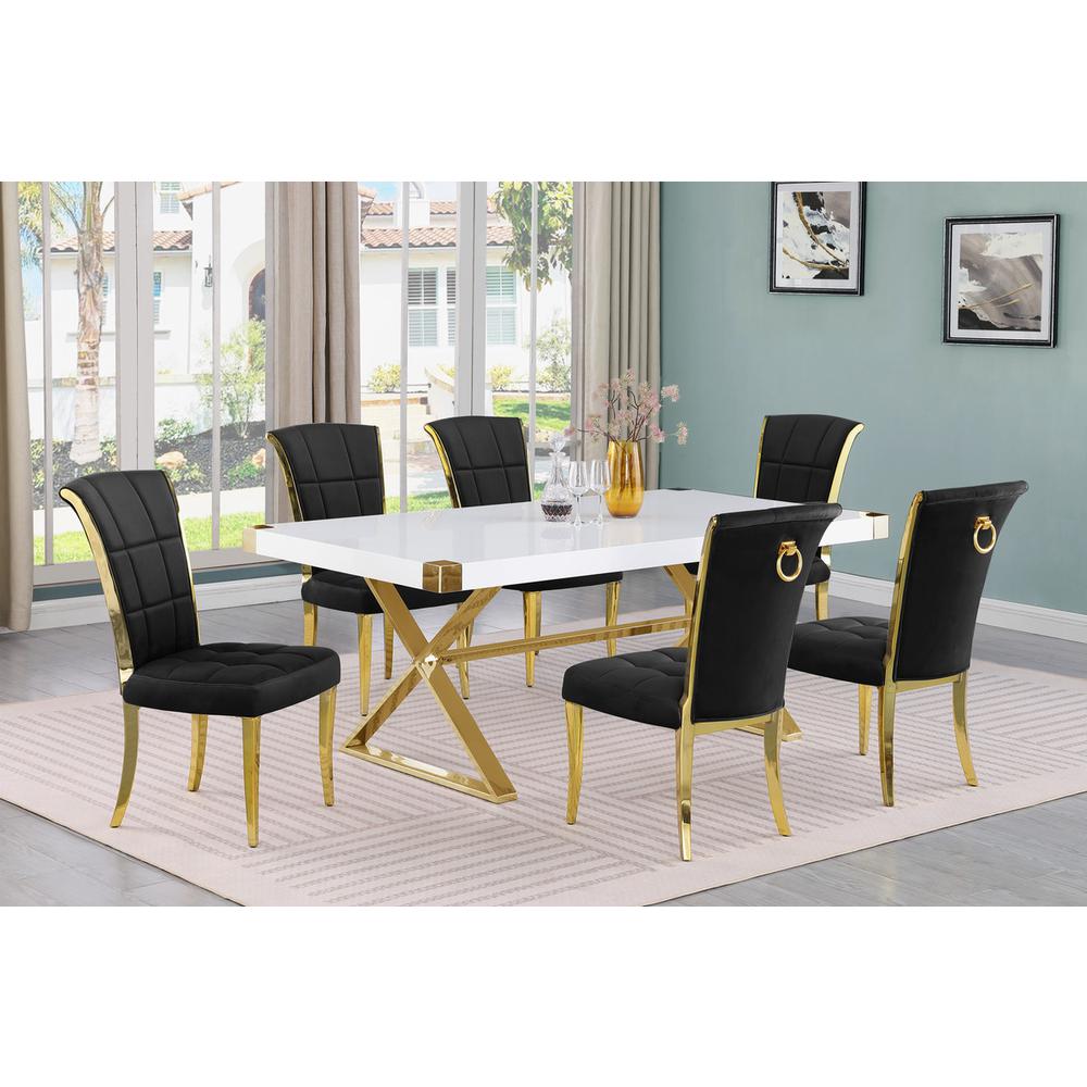 7pc Small(78") white wood top dining set with gold base and 6 Black side chairs. Picture 4