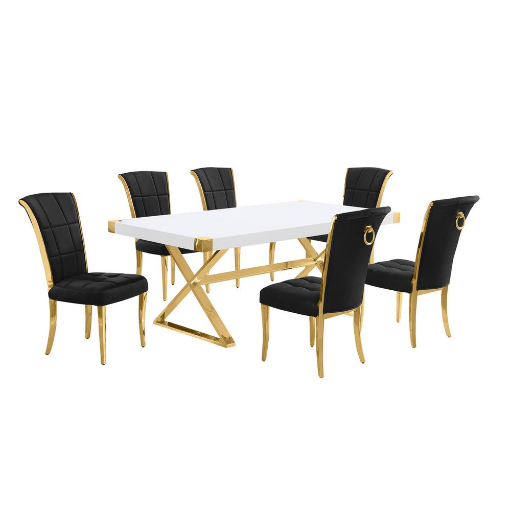 7pc Small(78") white wood top dining set with gold base and 6 Black side chairs. Picture 1