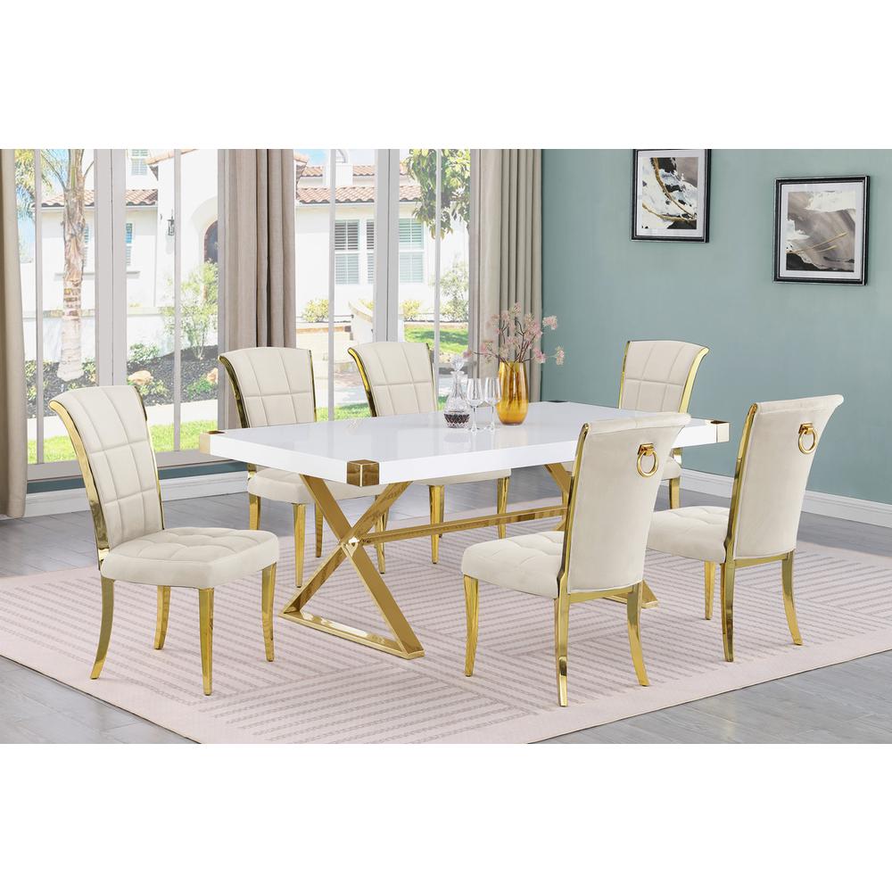7pc Small(78") white wood top dining set with gold base and 6 Cream side chairs. Picture 4
