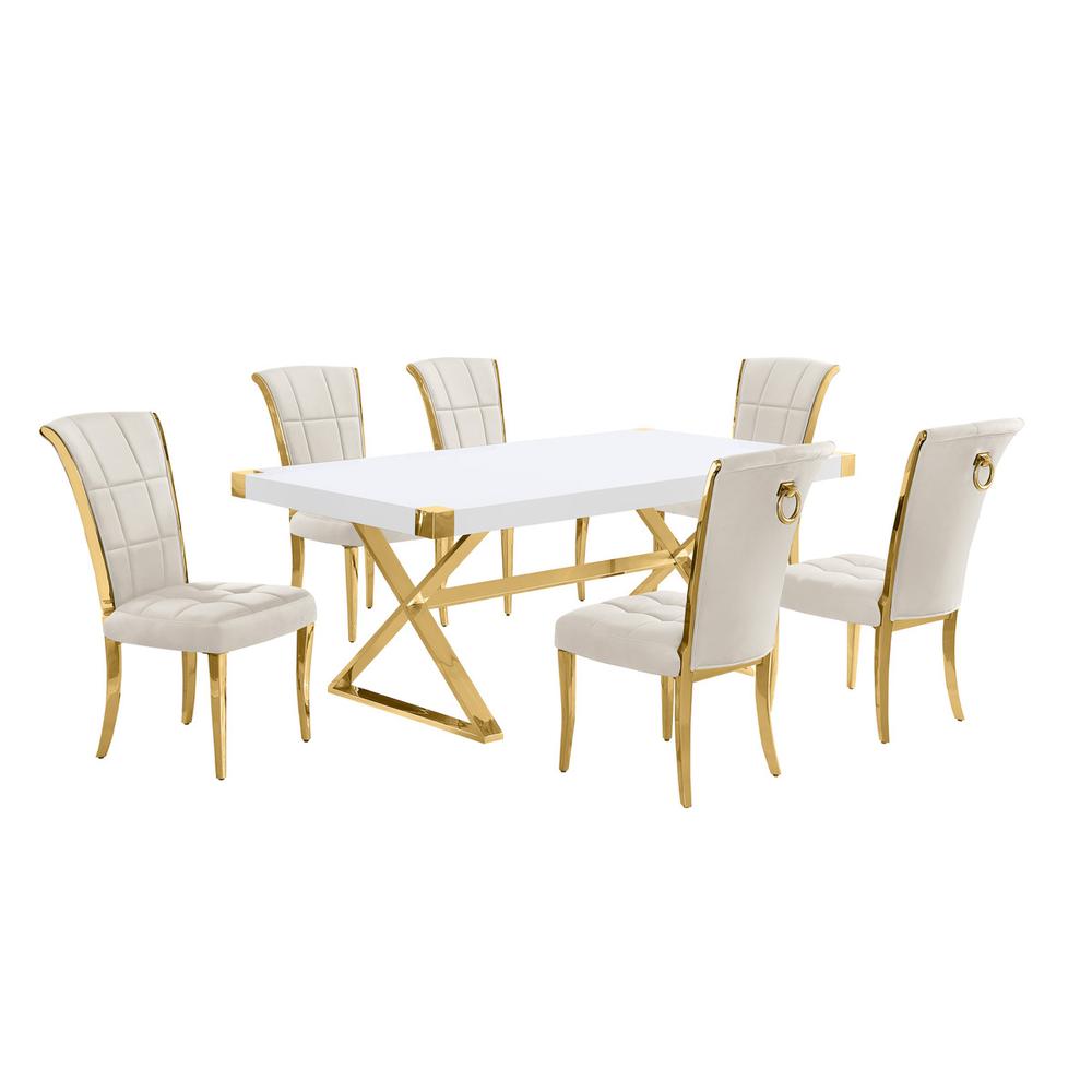 7pc Small(78") white wood top dining set with gold base and 6 Cream side chairs. Picture 1