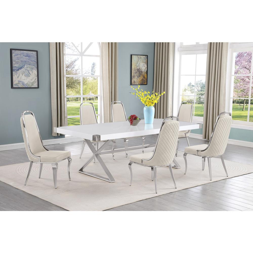 7pc Large(94") white wood top dining set with silver base and 6 chairs. Picture 4