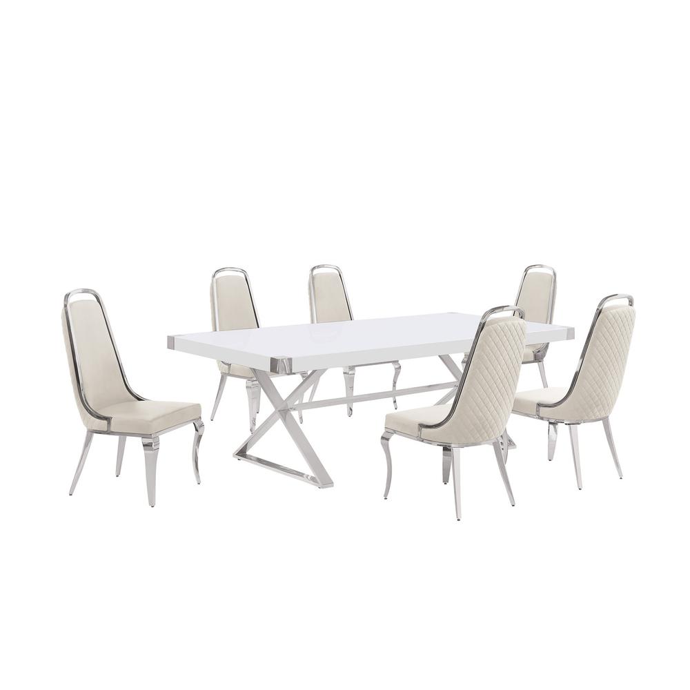 7pc Large(94") white wood top dining set with silver base and 6 chairs. Picture 1