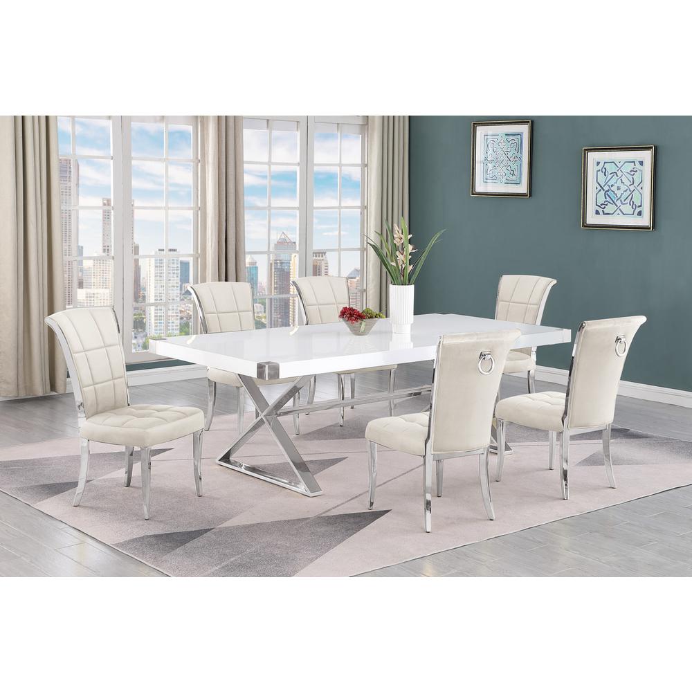 7pc Large(94") white wood top dining set with silver base and 6 chairs. Picture 5