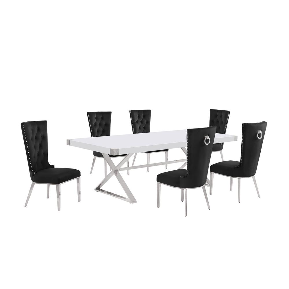 7pc Large(94") white wood top dining set with silver base and 6 hairs. Picture 1