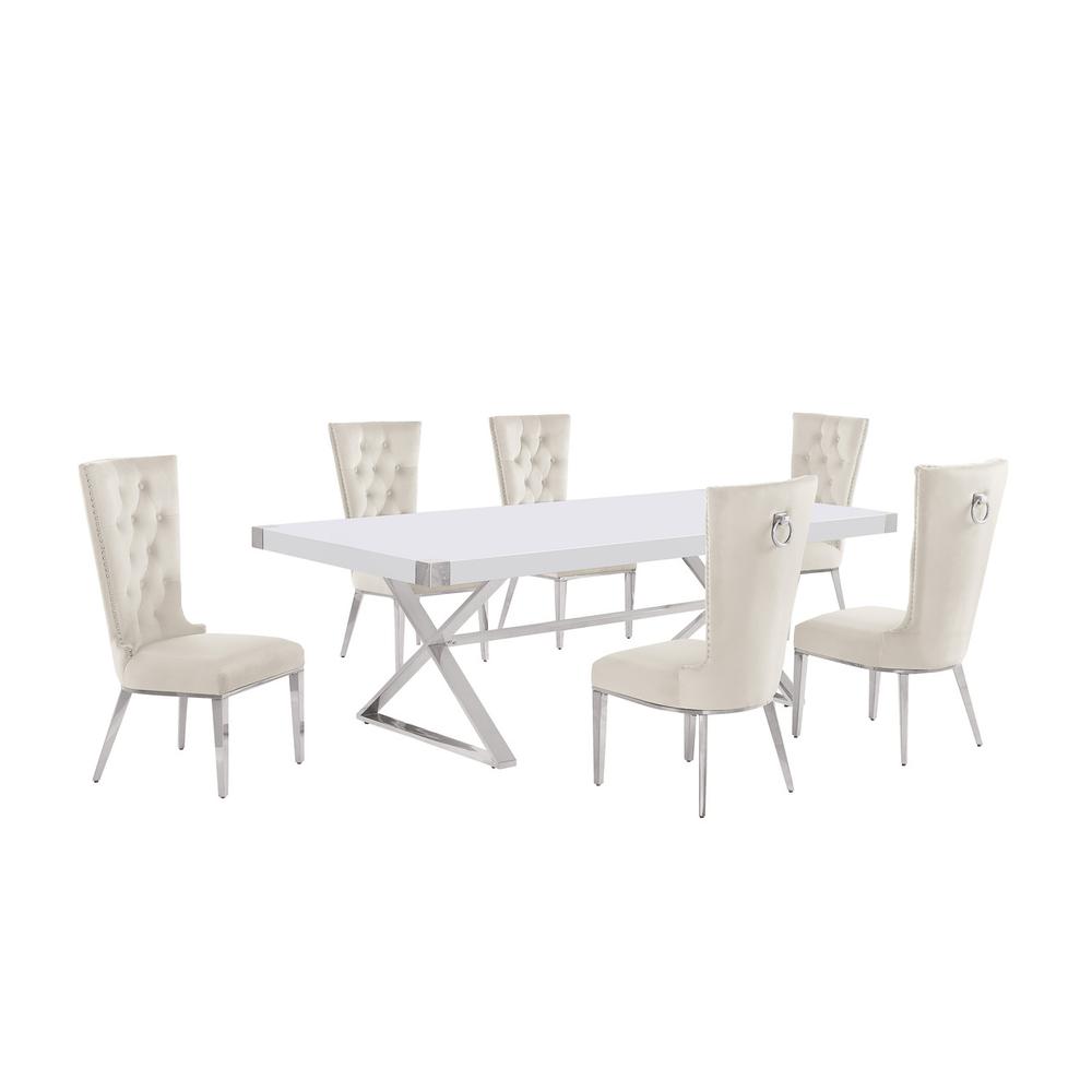 7pc Large(94") white wood top dining set with silver base and 6 chairs. Picture 1