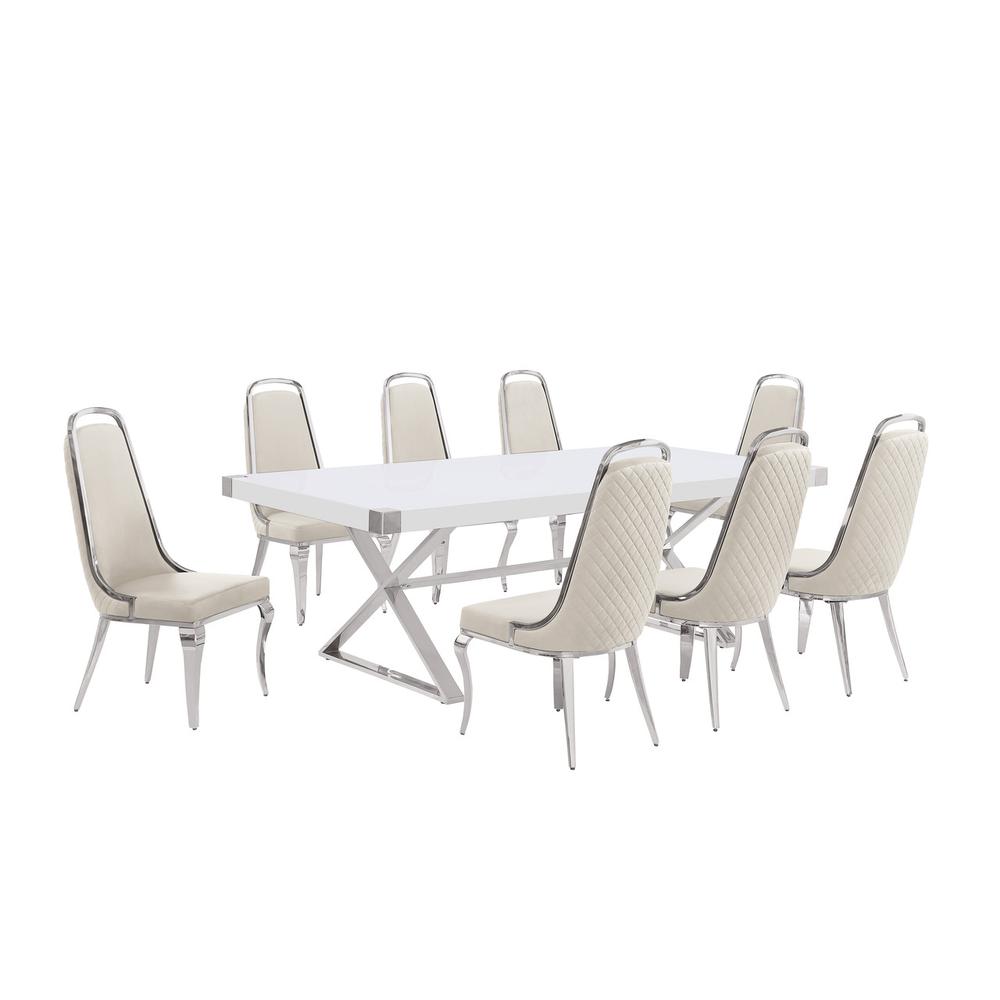 9pc Large(94") white wood top dining set with silver base and 8 chairs. Picture 1