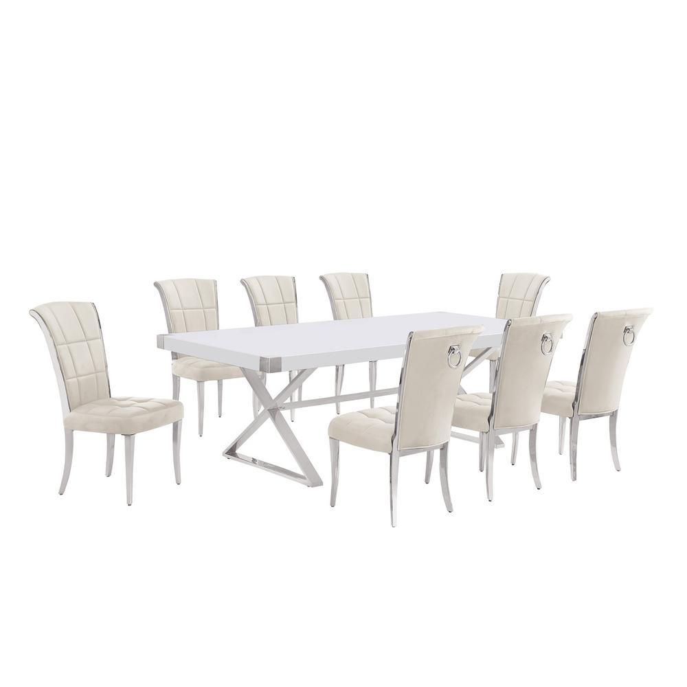 9pc Large(94") white wood top dining set with silver base and 8 chairs. Picture 1