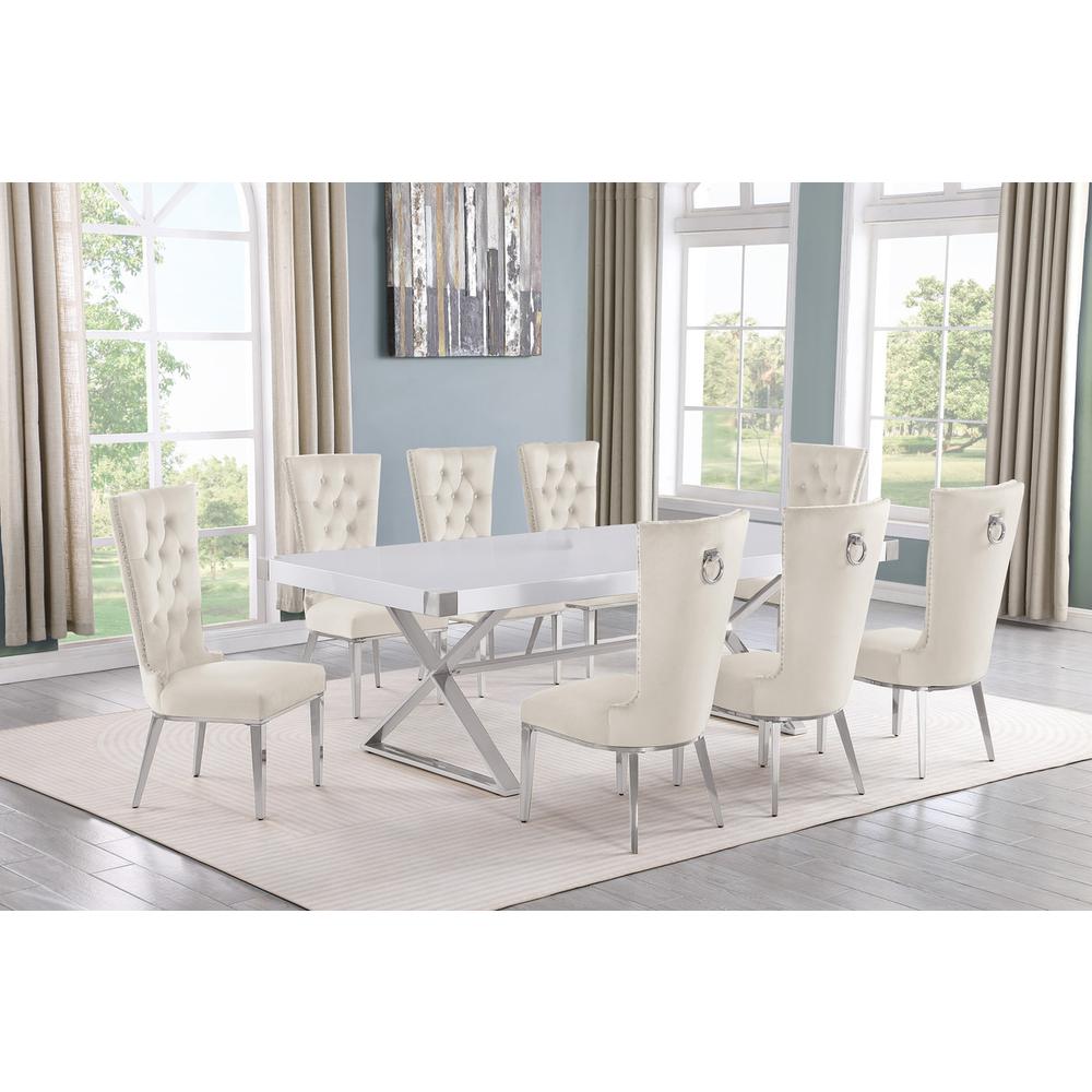 9pc Large(94") white wood top dining set with silver base and 8 chairs. Picture 4