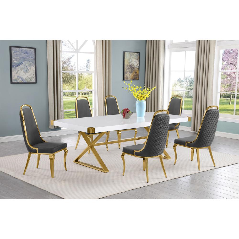 7pc Large(94") white wood top dining set with gold base and 6 chairs. Picture 5
