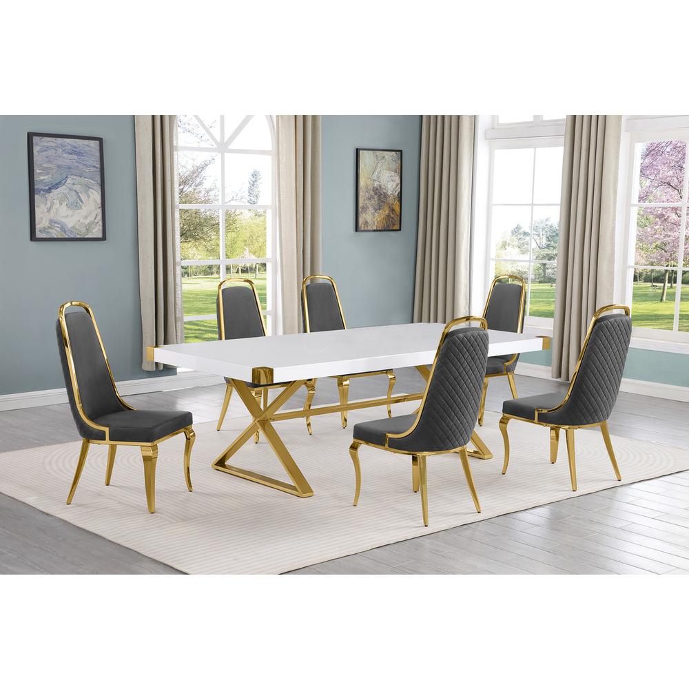 7pc Large(94") white wood top dining set with gold base and 6 chairs. Picture 4