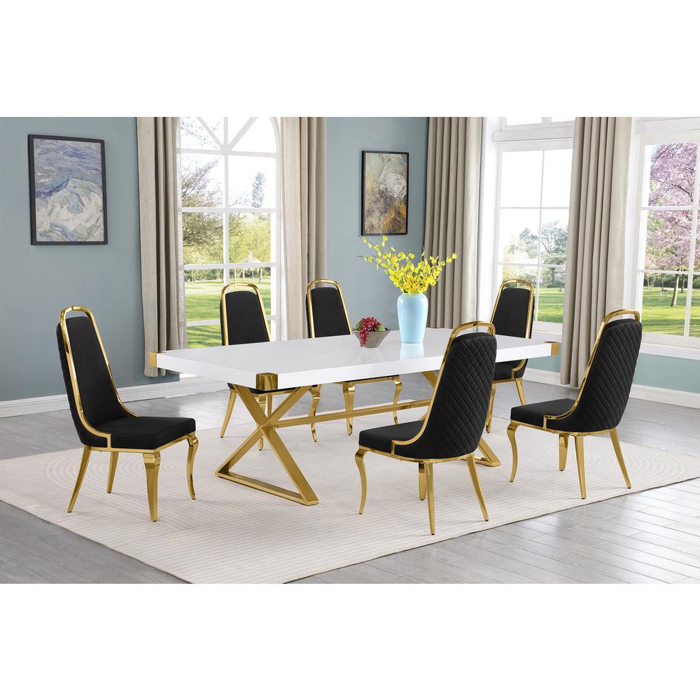 7pc Large(94") white wood top dining set with gold base and 6 Black side chairs. Picture 5