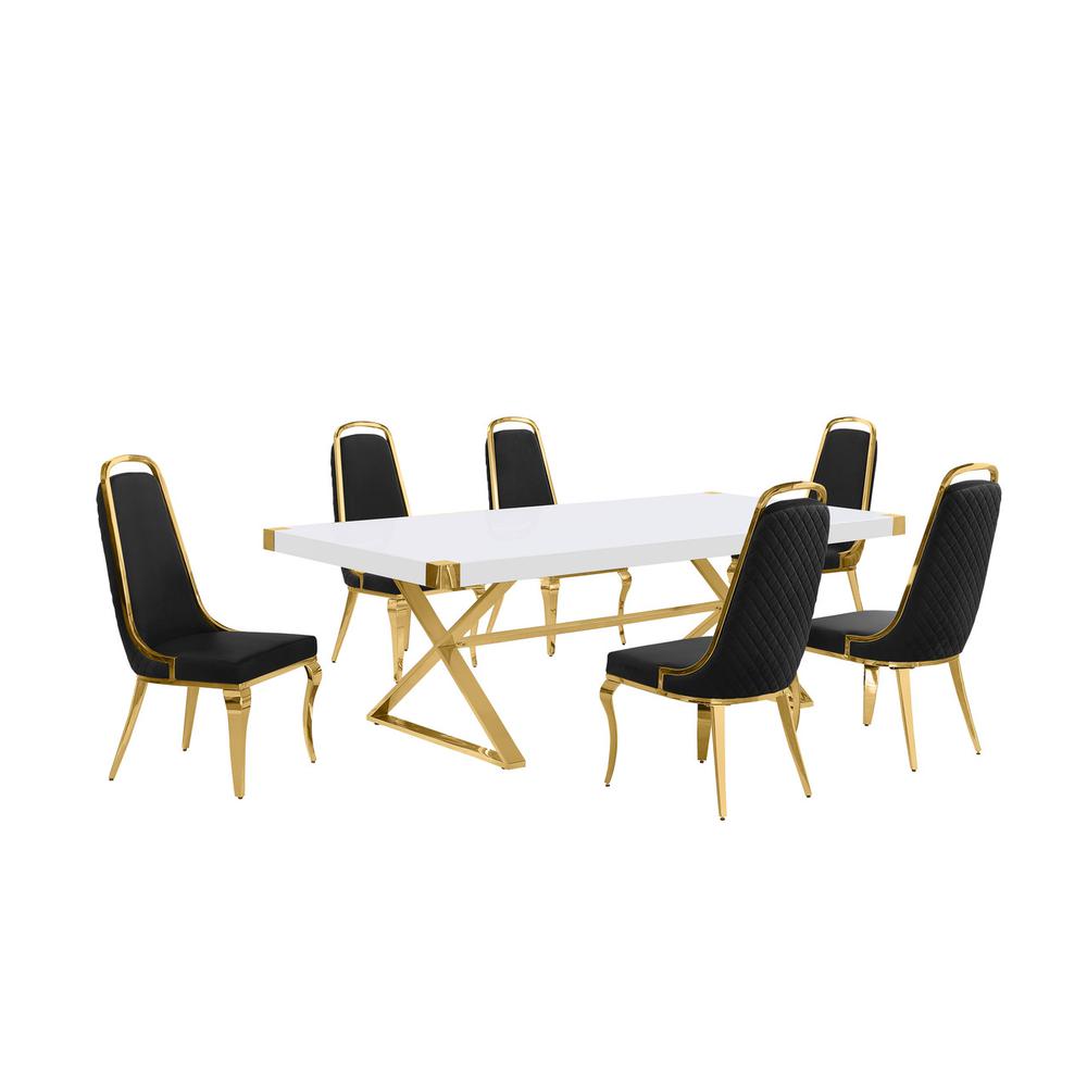 7pc Large(94") white wood top dining set with gold base and 6 Black side chairs. Picture 1