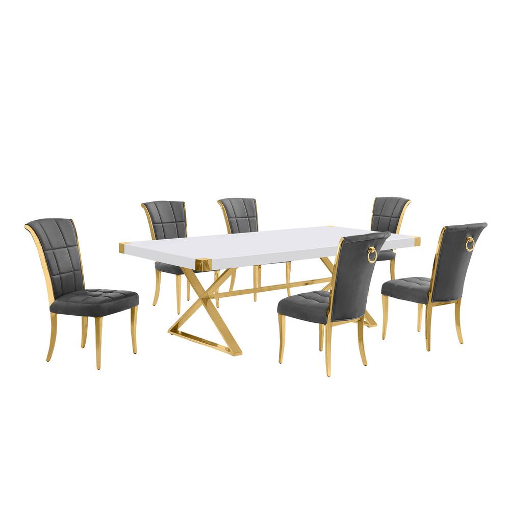 7pc Large(94") white wood top dining set with gold base and 6 chairs. Picture 1