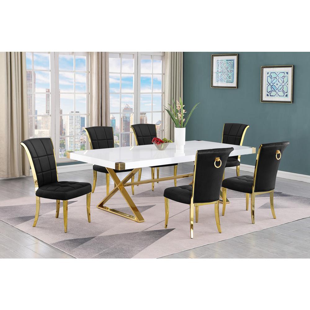 7pc Large(94") white wood top dining set with gold base and 6 Black side chairs. Picture 5