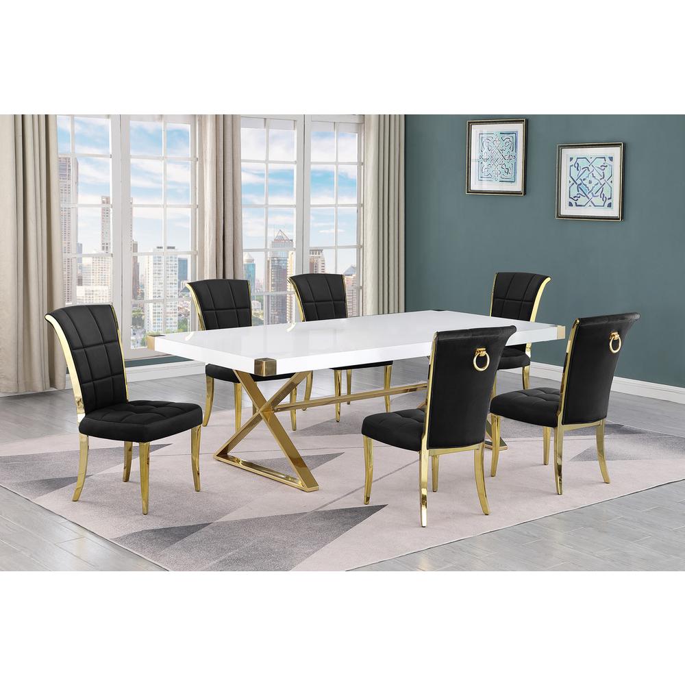 7pc Large(94") white wood top dining set with gold base and 6 Black side chairs. Picture 4