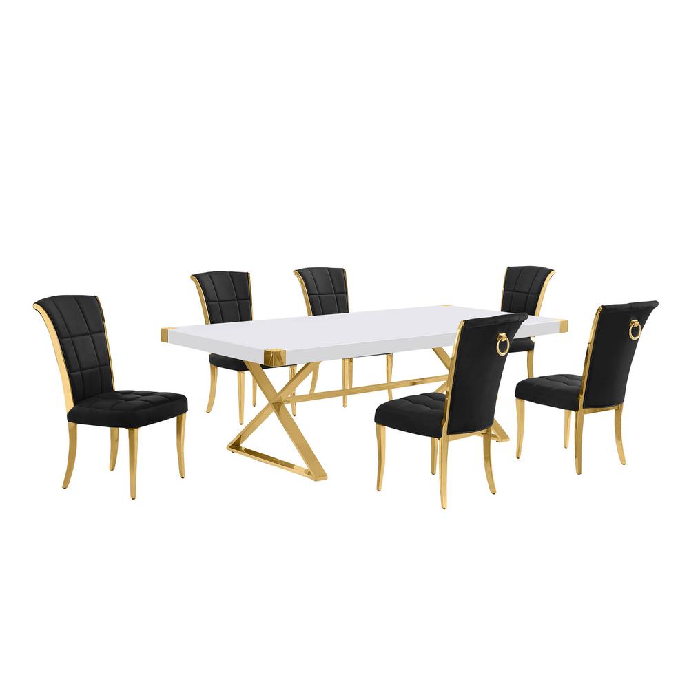 7pc Large(94") white wood top dining set with gold base and 6 Black side chairs. Picture 1