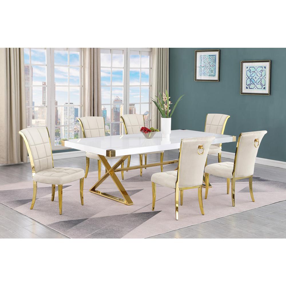 7pc Large(94") white wood top dining set with gold base and 6 Cream side chairs. Picture 5