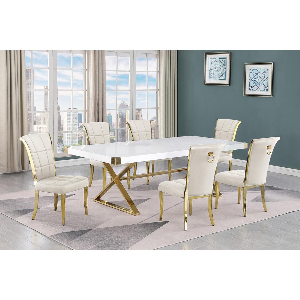 7pc Large(94") white wood top dining set with gold base and 6 Cream side chairs. Picture 4