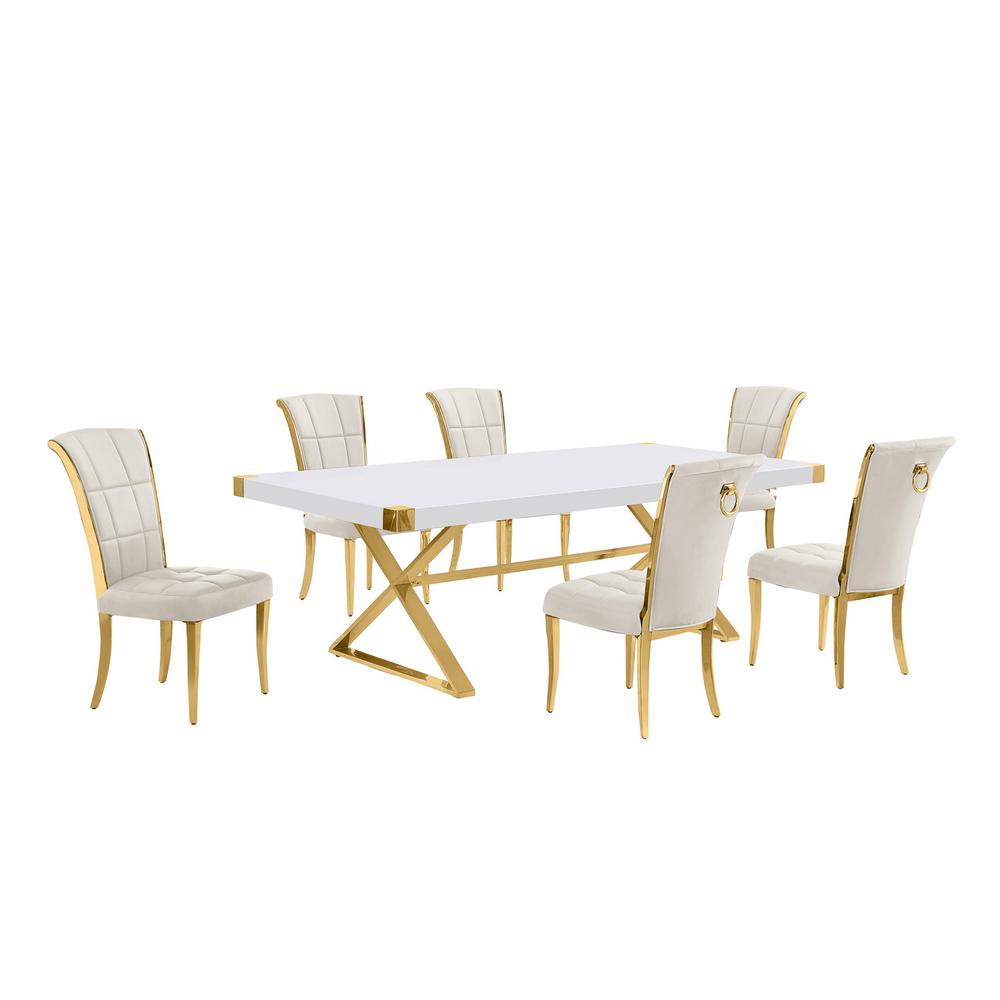 7pc Large(94") white wood top dining set with gold base and 6 Cream side chairs. Picture 1