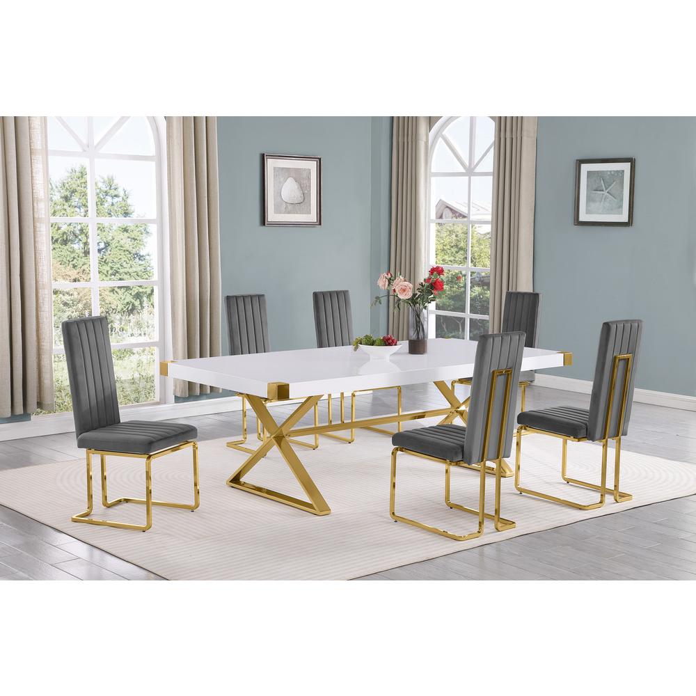 7pc Large(94") white wood top dining set with gold base and 6 chairs. Picture 5