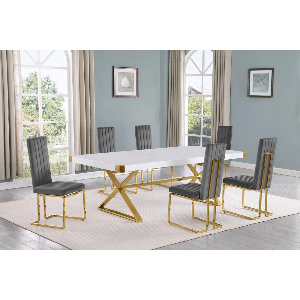 7pc Large(94") white wood top dining set with gold base and 6 chairs. Picture 4