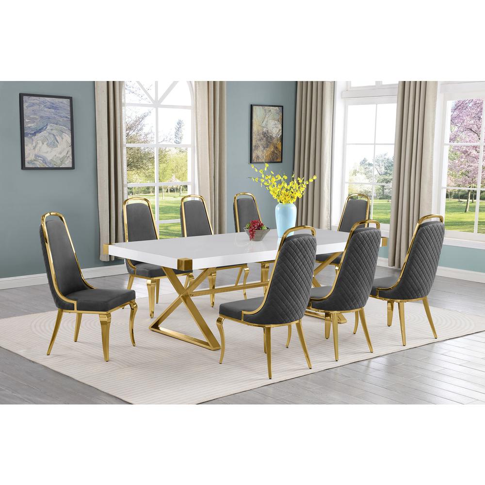 9pc Large(94") white wood top dining set with gold base and 8 chairs. Picture 4