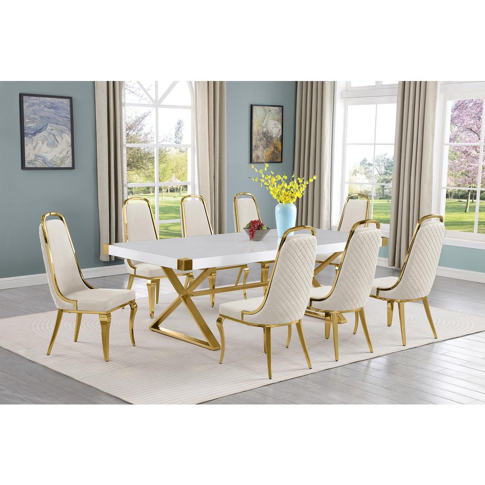 9pc Large(94") white wood top dining set with gold base and 8 Cream side chairs. Picture 4