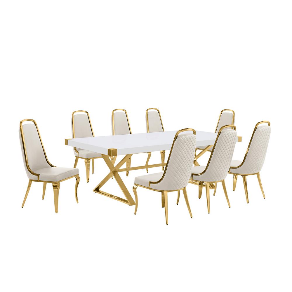 9pc Large(94") white wood top dining set with gold base and 8 Cream side chairs. Picture 1