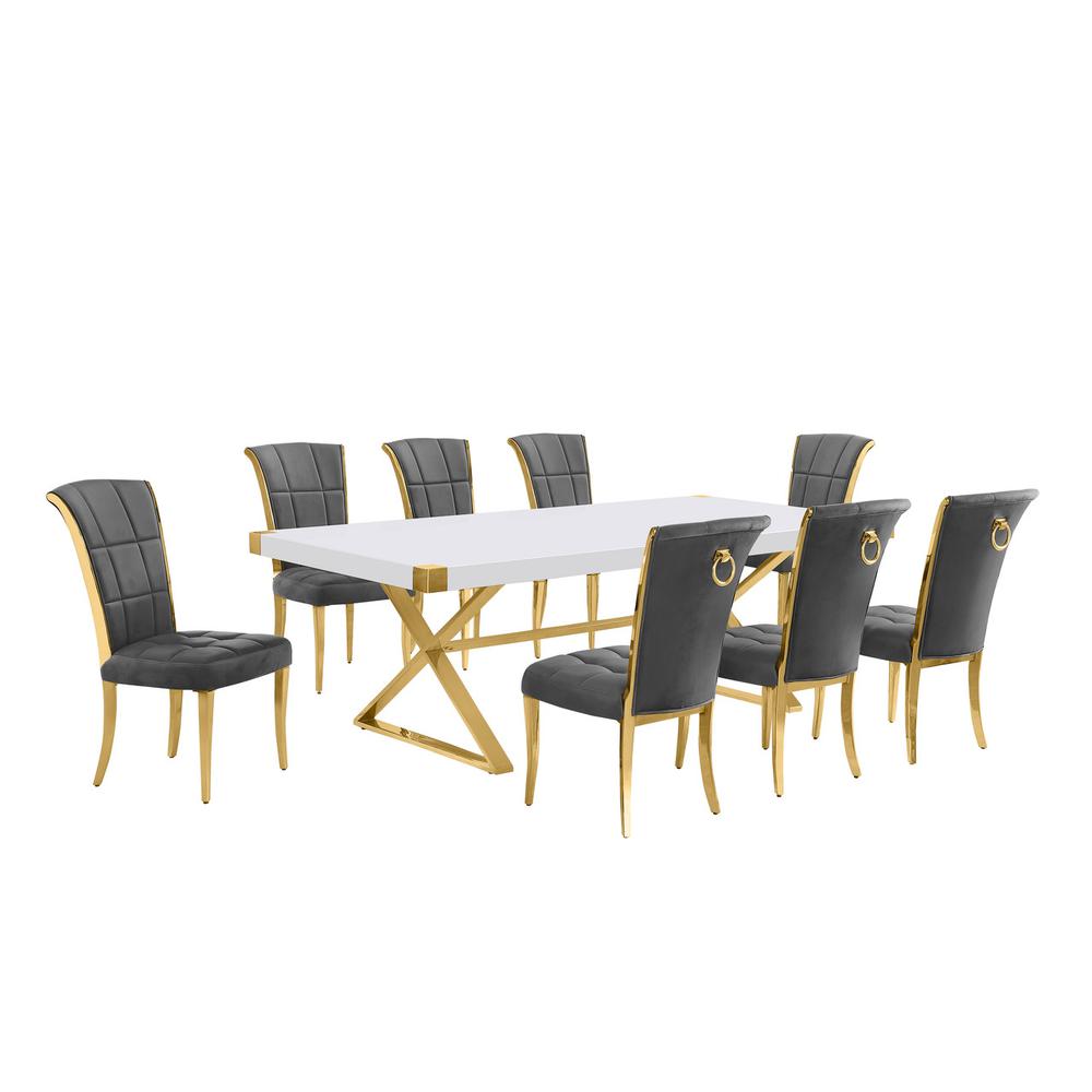 9pc Large(94") white wood top dining set with gold base and 8 chairs. Picture 1