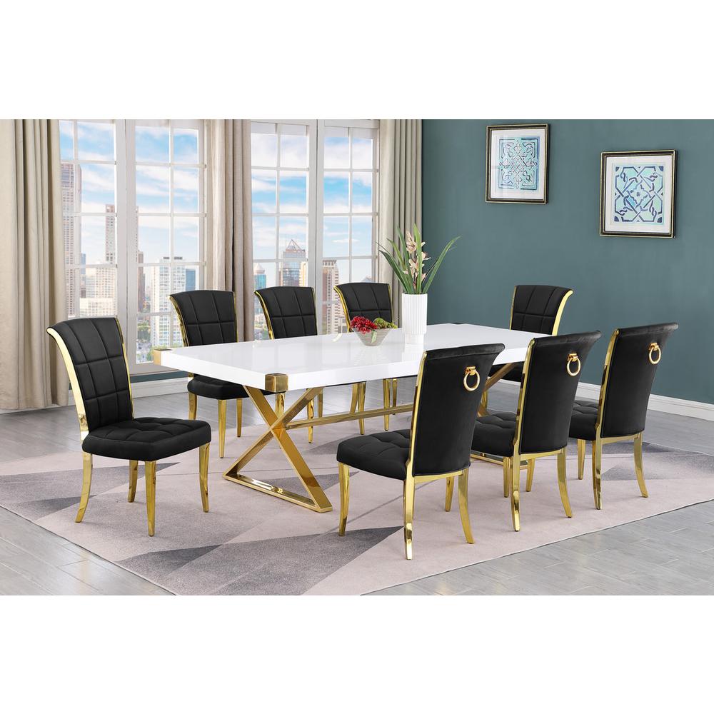 9pc Large(94") white wood top dining set with gold base and 8 Black side chairs. Picture 5