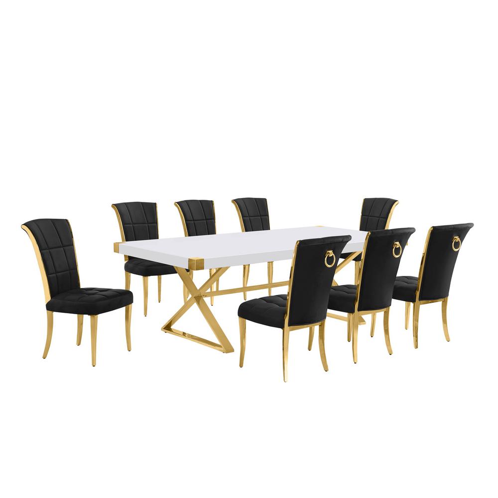 9pc Large(94") white wood top dining set with gold base and 8 Black side chairs. Picture 1