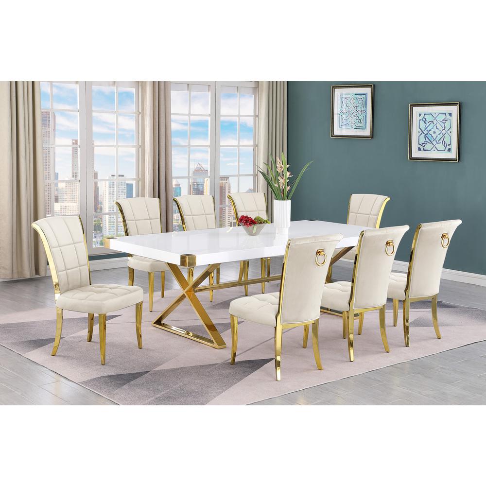 9pc Large(94") white wood top dining set with gold base and 8 Cream side chairs. Picture 5