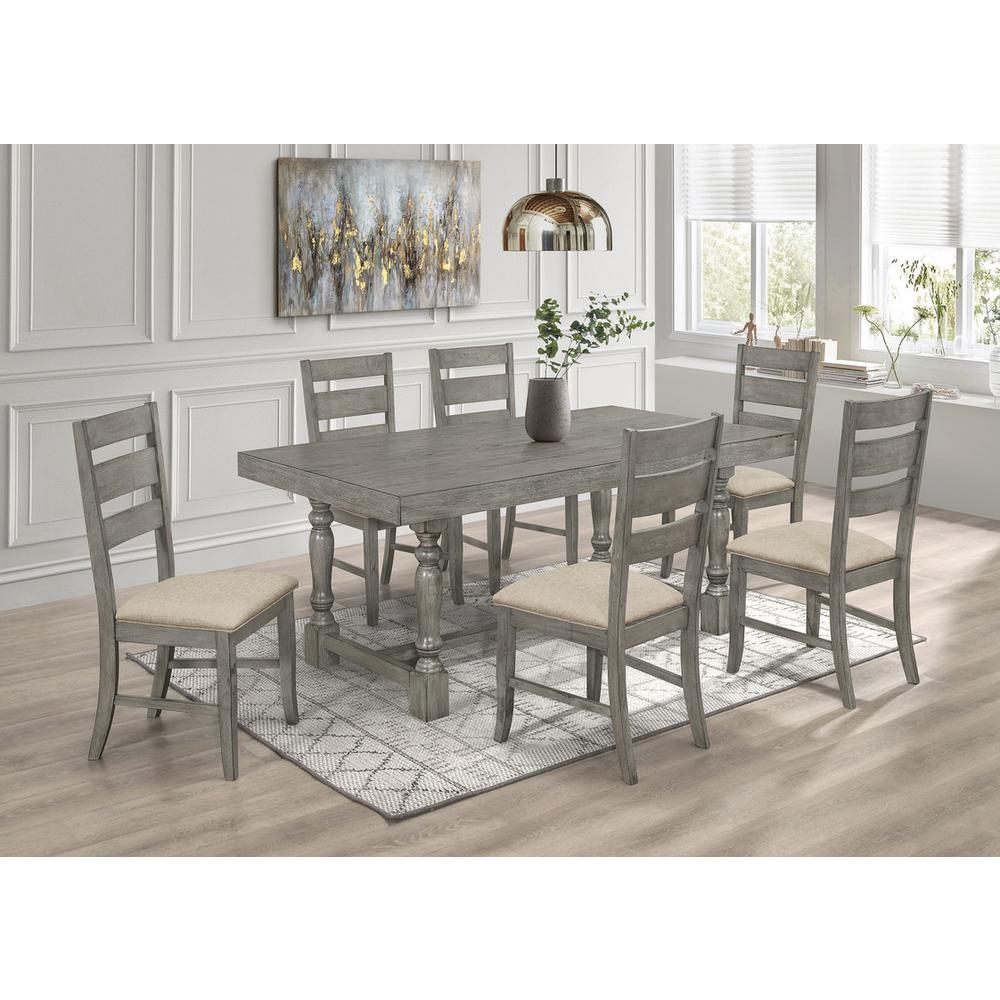Classic 7pc Dinette Set with Dining Table with Four Posts and Wood and Linen Side Chairs, Gray. Picture 2