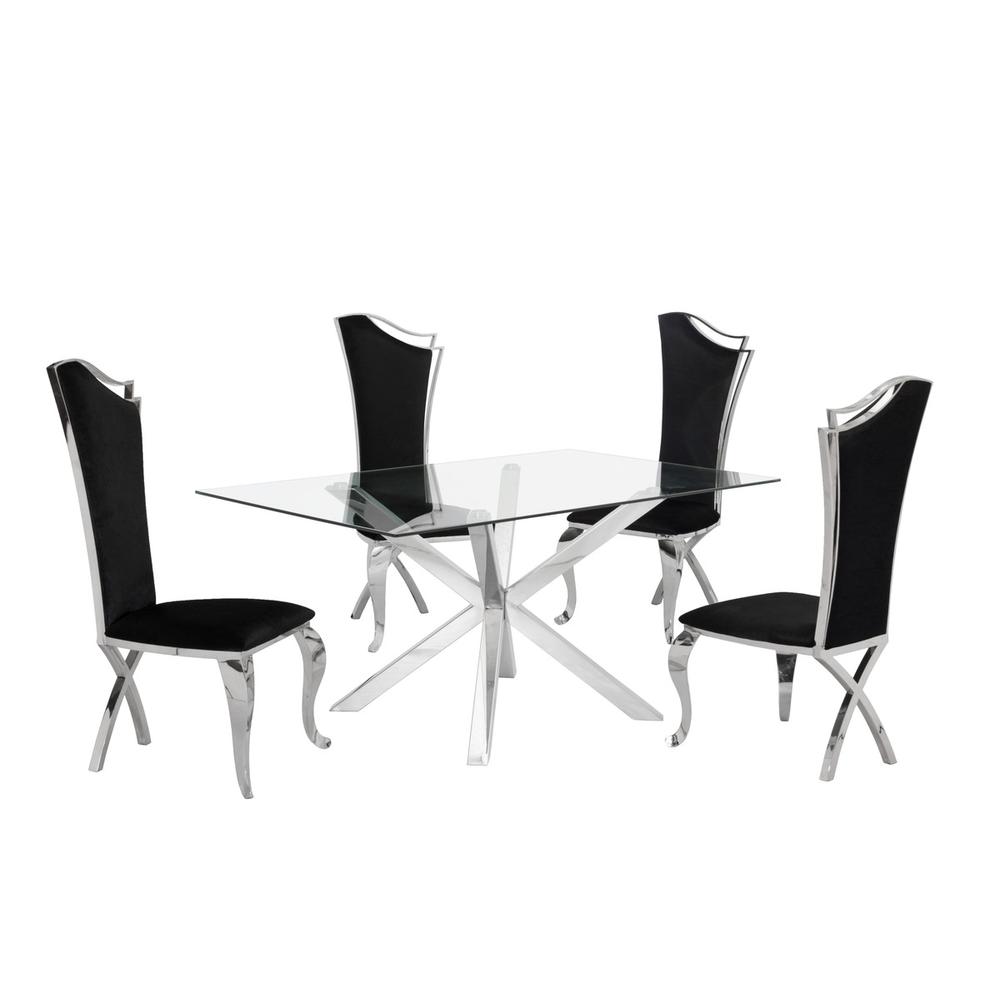 Contemporary Glass 5pc Dining Set, Glass Top Dining Table, Velvet Uph Dining Chairs w/ Silver Stainless Steel Frame, Black. Picture 1